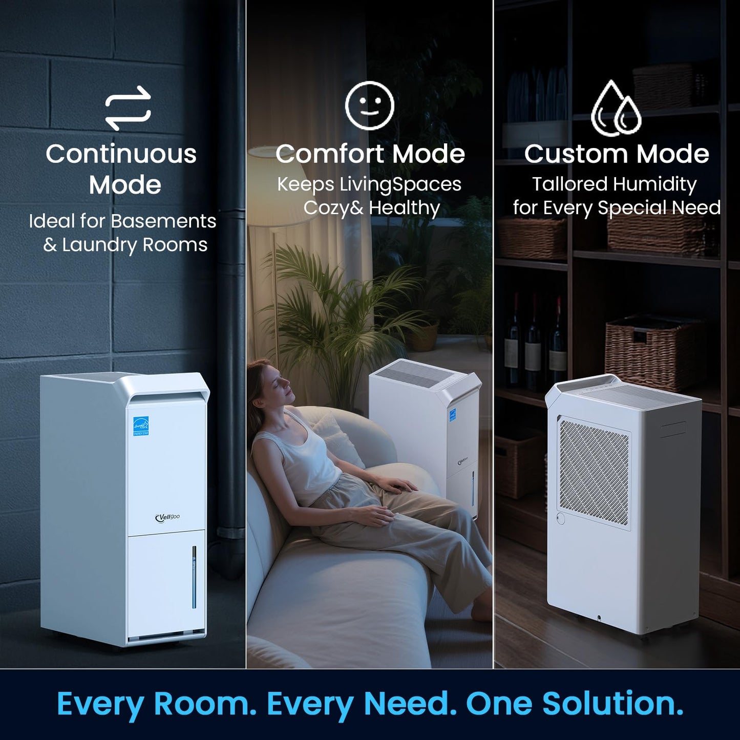 2500 Sq.Ft Most Efficient Energy Star 2025 Dehumidifier,Vellgoo Max 34 Pint/D Dehumidifier for basement with Drain Hose, Intelligent Humidity Control for Home,Bedroom, Bathroom
