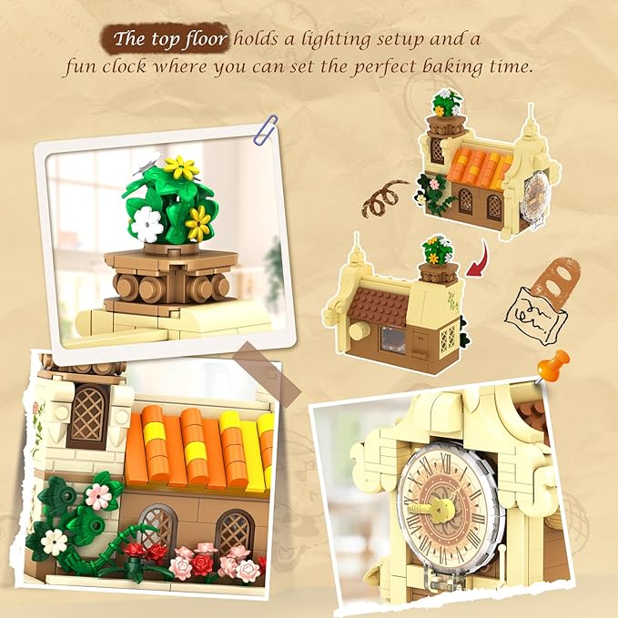 City Bakery Cafe House Building Set with Light 1289 PCS Baking Shop Building Block Toy with Coffee Cake Bread Bakery Room Pastry Construction Model for Adults Teens Kids Boys Girls Ages 8-12+