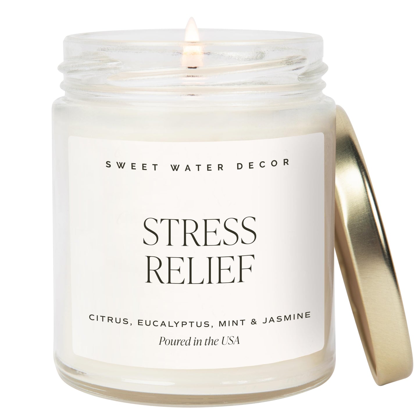 Sweet Water Decor Stress Relief Soy Candle - Lemon, Eucalyptus, Mint, Jasmine Scented Relaxing Candles for Home - 9oz Clear Jar + Gold Lid, 40+ Hour Burn Time, Made in The USA