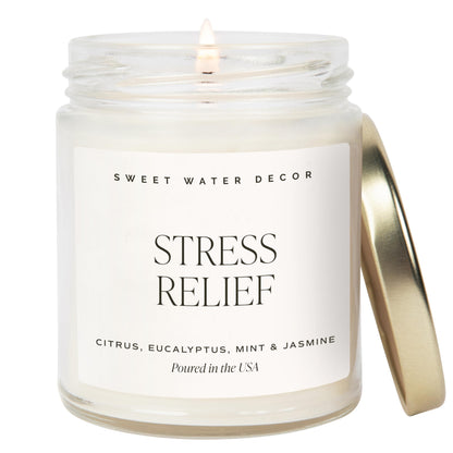 Sweet Water Decor Stress Relief Soy Candle - Lemon, Eucalyptus, Mint, Jasmine Scented Relaxing Candles for Home - 9oz Clear Jar + Gold Lid, 40+ Hour Burn Time, Made in The USA