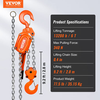 VEVOR Manual Lever Chain Hoist, 6 Ton 13200 lbs Capacity 10 FT Come Along, G80 Galvanized Carbon Steel with Weston Double-Pawl Brake, Auto Chain Leading & 360° Rotation Hook, for Garage Factory Dock