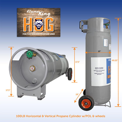 Flame King 100LB Empty Propane Tank with Wheels, Horizontal & Vertical LP Cylinder with Built-in Gauge for Fire Tables, Fire Pits, Patio Heaters, Barbeques, Lunch Trucks, Weed Torches & Truck Campers