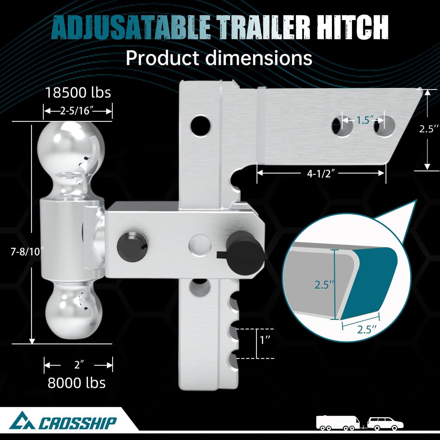 CROSSHIP Adjustable Trailer Hitch - Heavy Duty Aluminum Drop Drawbar Hitch - Fits 2.5" Receiver, 8" Drop/Rise with 2" & 2-5/16" Solid Dual Balls 18,500 LBS GTW- for Truck, SUV, RV