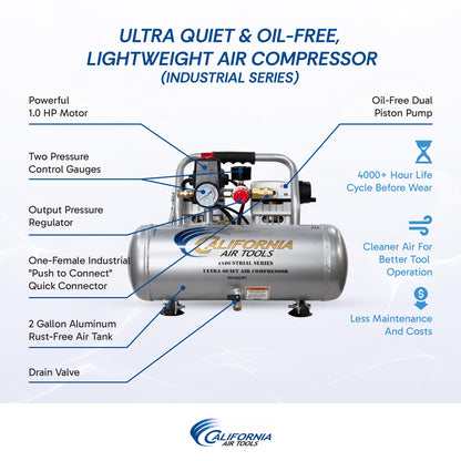 California Air Tools 2010ALFC 1.0 HP Ultra Quiet and Oil-Free Air Compressor, 2 Gallon Aluminum Tank, 60 dBA Noise Level, Industrial Series