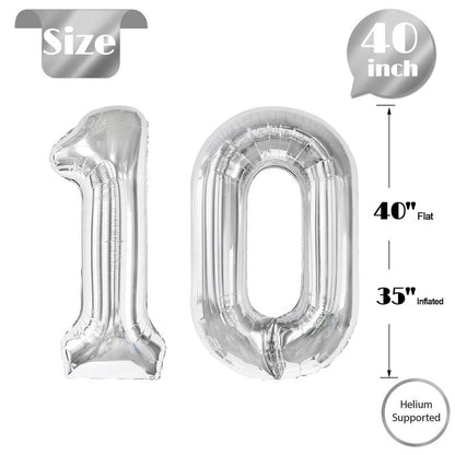 Silver Number 10 Balloon 40 Inch, 10th Birthday Party Decorations for Children, Giant 10 Foil Balloon for Party Supplies