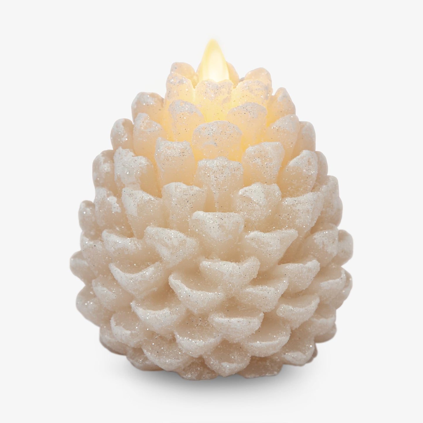 Luminara Pinecone Flameless Candle White Swan Glitter and Snow Finish Pine Cone Figural, Real Wax Unscented LED Candles, Battery Operated with Timer, Holiday Decoration (3.9" x 4.3")