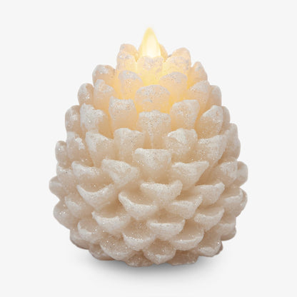 Luminara Pinecone Flameless Candle White Swan Glitter and Snow Finish Pine Cone Figural, Real Wax Unscented LED Candles, Battery Operated with Timer, Holiday Decoration (3.9" x 4.3")