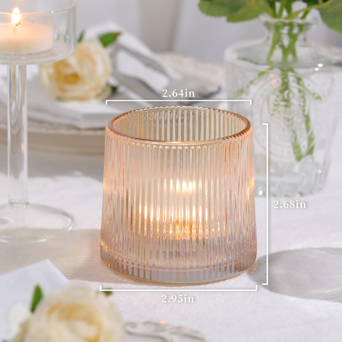 DARJEN Gold Ribbed Tealight Votive Candle Holders Set of 10- Tea Light Candle Holders Glass for Table Centerpiece, Votive Candle Holders for Home, Wedding & Fall Decor