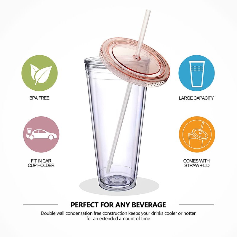 Luxfuel 32 oz Acrylic Tumblers with Lid & Straws, Double-Walled Insulated Clear Plastic Drink Cup, BPA-Free, Reusable Iced Coffee Cups for Parties, Birthdays, Graduation, Fits Car Cup Holders - 4 Pack