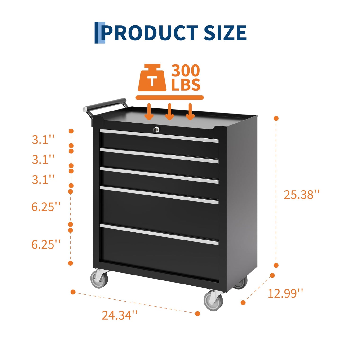 SierraSquad Rolling Tool Chest, 5-Drawer Tool Storage Cabinet, Tool Box with Wheels, Lock System and Drawer Liners, Tool Cart for Warehouse, Workshop and Repair Shop, Black