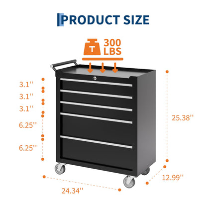 SierraSquad Rolling Tool Chest, 5-Drawer Tool Storage Cabinet, Tool Box with Wheels, Lock System and Drawer Liners, Tool Cart for Warehouse, Workshop and Repair Shop, Black