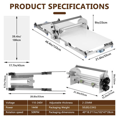 Electric Dough Sheeter Machine 17.7" Commercial Dough Rolling Machine Electric Dough Roller Machine Folding Dough Sheeter Reversible Control with 0-25MM Thickness Adjustment
