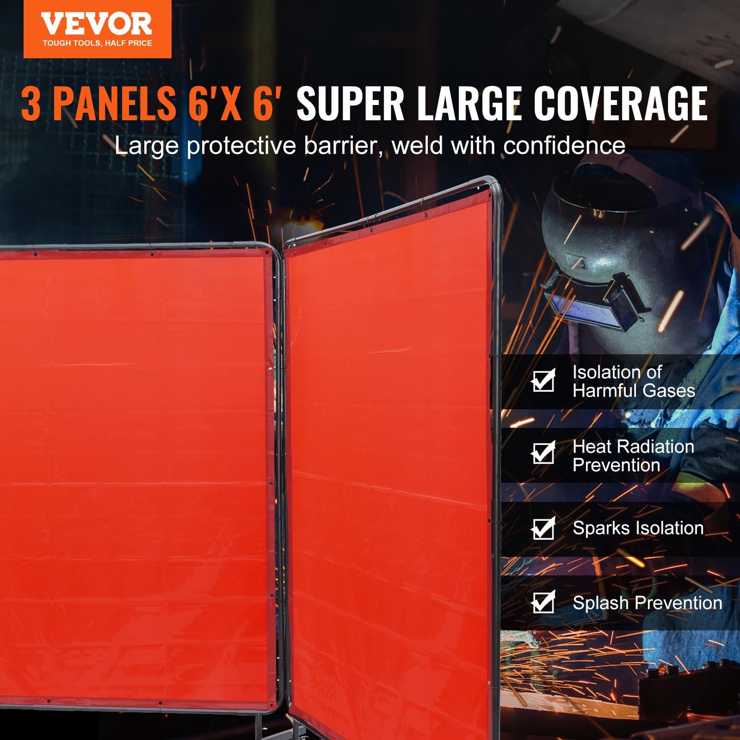 VEVOR Welding Screen with Frame, 6' x 6' 3 Panel Welding Curtain Screens on 12 Swivel Wheels (6 Lockable), Welding Protection Screen Moveable & Professional for Workshop, Red