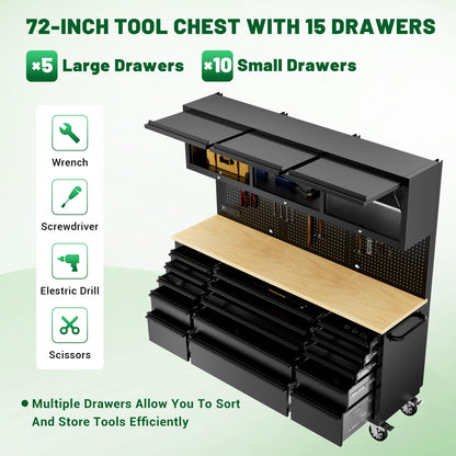 DOMINEVA 72-inch Heavy Duty Tool Chest & Rolling Workbench with 15 Drawers,3 Upper Cabinet,Pegboard & Power Strip, for Garage, Shop, Workshop Use,Black