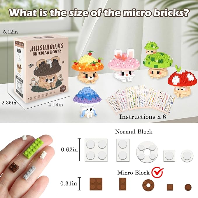 HIGH GODO 6 Set Mushroom Animals Micro Building Block Set Ideals Mushroom Animal Building Kit for Adults Party Favors for Teens 14+ (1956PCS)
