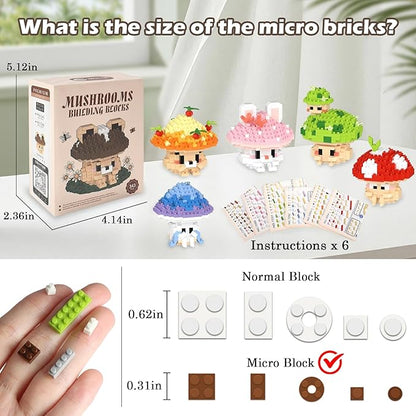HIGH GODO 6 Set Mushroom Animals Micro Building Block Set Ideals Mushroom Animal Building Kit for Adults Party Favors for Teens 14+ (1956PCS)