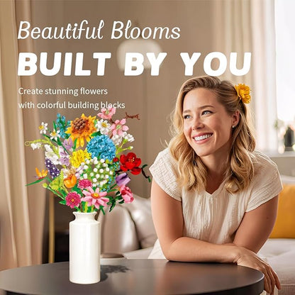 Flower Building Block Bouquet Kit for Women DIY Brick Flowers Craft Set with Adjustable Stems and Petals Creative Botanical Construction Toy for Desk Decoration Gift for Teens and Adults