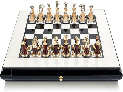 AMEROUS 16 Inches Wooden Chess Set Large Size Board with 2 Built-in Storage Drawers - 2 Extra Queens - Metallic &amp Wooden Chess Pieces - Gift Packaging Board Games for Adults and Kids