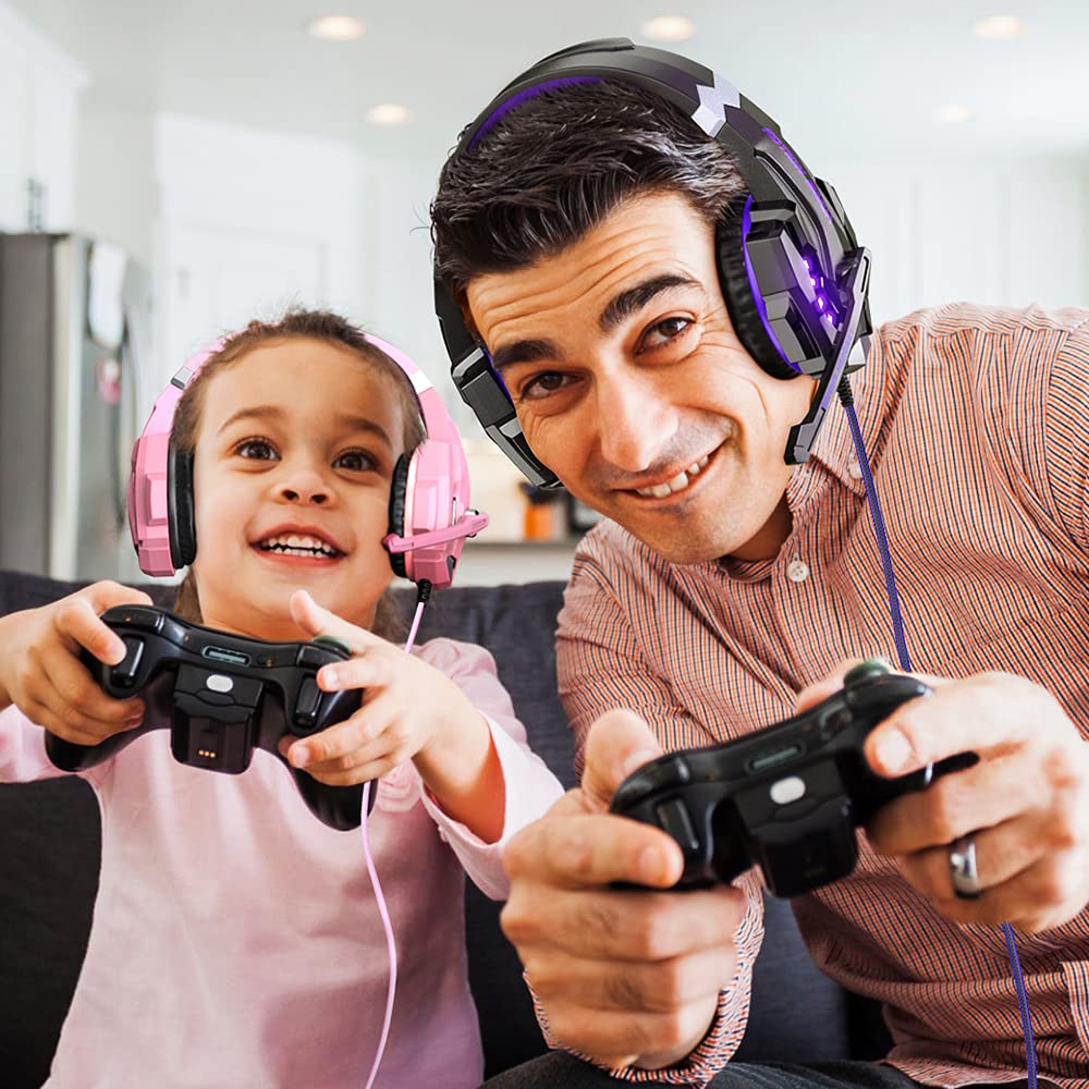 BENGOO G9000 Stereo Gaming Headset for PS5, PS4, PC, Xbox One Controller, Noise Cancelling Over Ear Headphones with Mic, LED Light, Bass Surround, Soft Memory Earmuffs - Purple