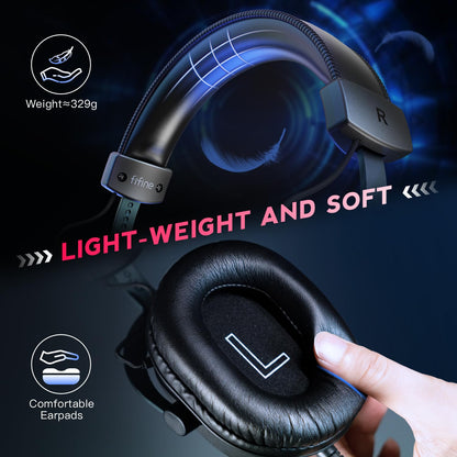 FIFINE PC Gaming Headset, USB Headset with 7.1 Surround Sound, Detachable Microphone, Control Box, 3.5mm Headphones Jack, Over-Ear Wired Headphones for PS5/Xbox/Switch, Black-AmpliGame H9