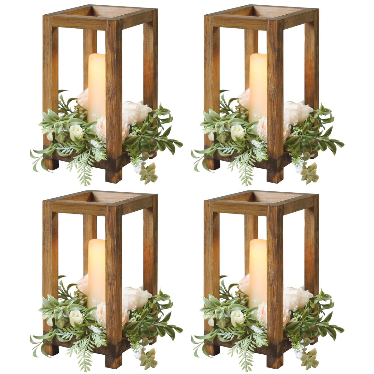 4 Pcs Wooden Lanterns Wedding Centerpiece for Tables, Farmhouse Candle Lantern, Perfect Centerpiece Table Decorations, Candle Holder Decorative for Wedding Party, Table Valentine Decor