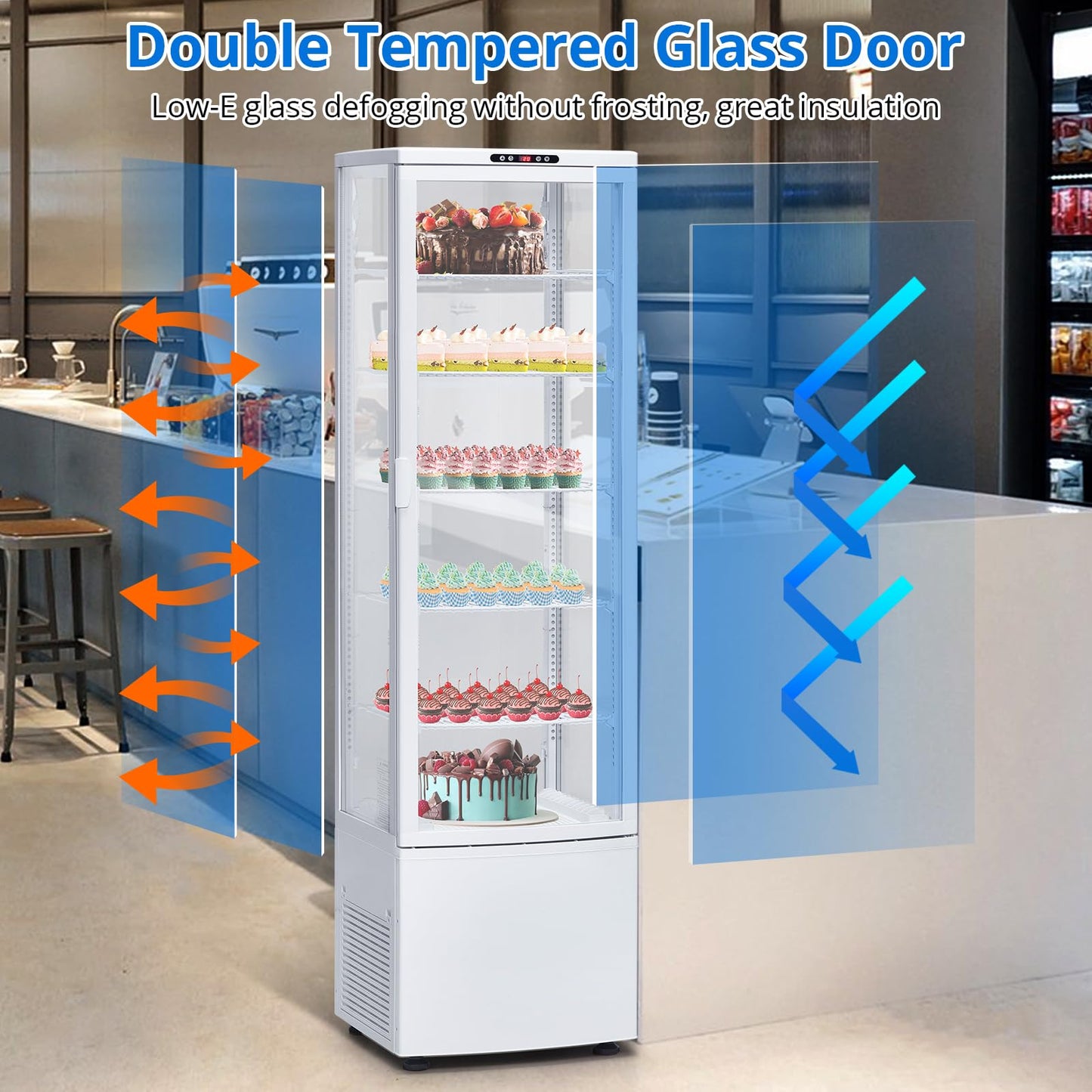 SierraSquad 9.8 Cu.ft Commercial Refrigerator Display Case, Pastry Display Fridge with 4-Sided Double-Layered Glass & LED Lighting, Ventilated Cooling Bakery Display Refrigerator with Casters