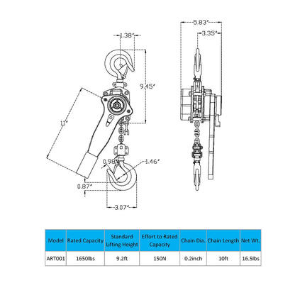 Amarite Lever Chain Hoist - 3/4 Ton Capacity - G80 Grade Chain 10ft Lifting- Safety Factor 4+ - CE Certified - Ideal for Lifting, Strapping, Bundling and Dragging- Smooth Action