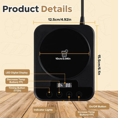 Electric Sourdough Starter Warmer Mat Thermostat Control(70-100°F) Sourdough Warming Pad, Smart Memory Warming Heating Pad Mat 12h Timer, Auto Shutoff, Sour Dough Heater Proofing Tool for Home Baking