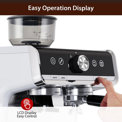 Garvee Espresso Machine, Espresso Machine with Grinder, Brushed Stainless Steel, Espresso Coffee Maker with Milk Frother for Home Barista Commercial Use（White Silver）