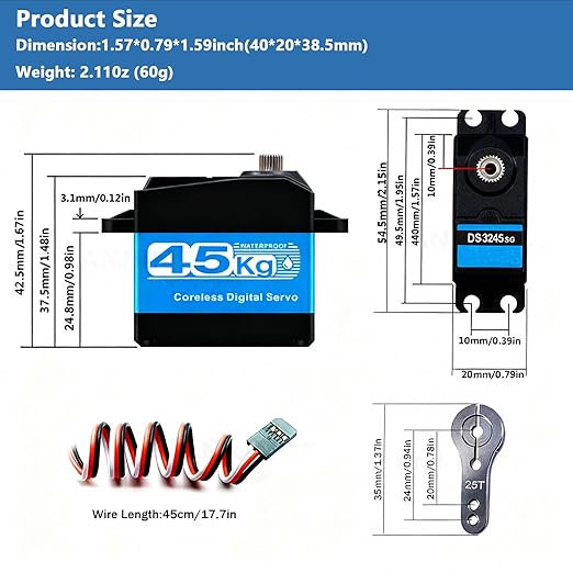 2 Packs 45KG High Torque Servo 8.4V Coreless RC Steering Servo Motors Stainless Steel Gear Low Profile Waterproof for 1/8 1/10 1/12 Scale Cars DIY Robotic-270 Degree