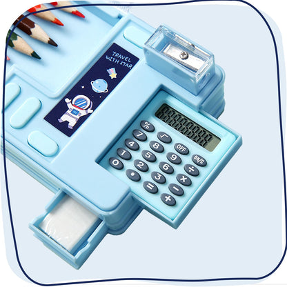 LilyBeauty Multifunction Pencil Case with Calculator, Pencil Sharpener and Curriculum, Multiple Cute Patterns, Suitable for Elementary School Girls, Boys, Great Gifts for Kids (Light Blue)