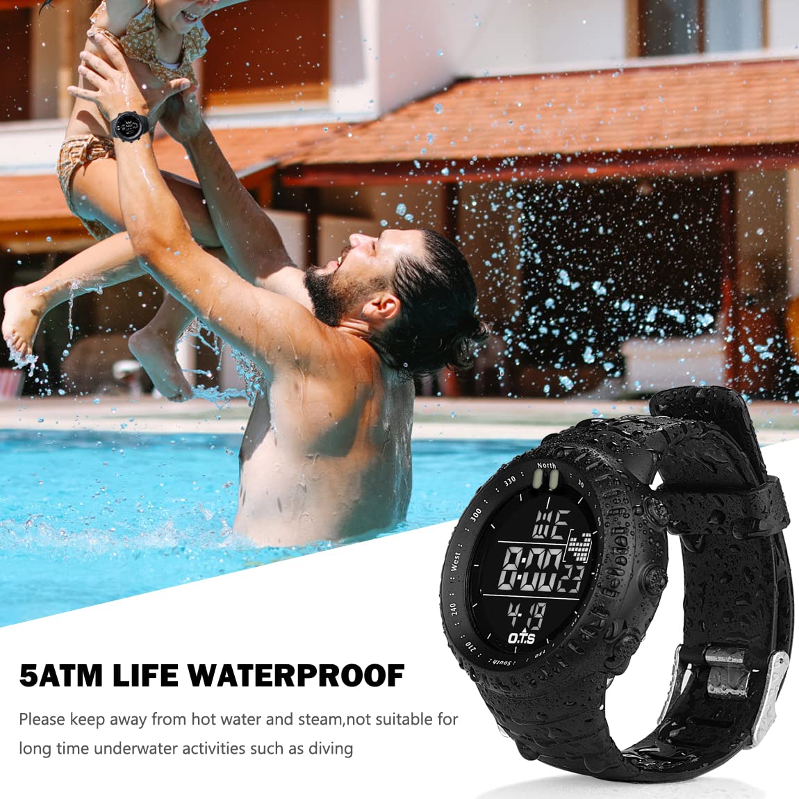 PALADA Men's Digital Sports Watch Waterproof Tactical Watch with LED Backlight Watches for Men (Black)