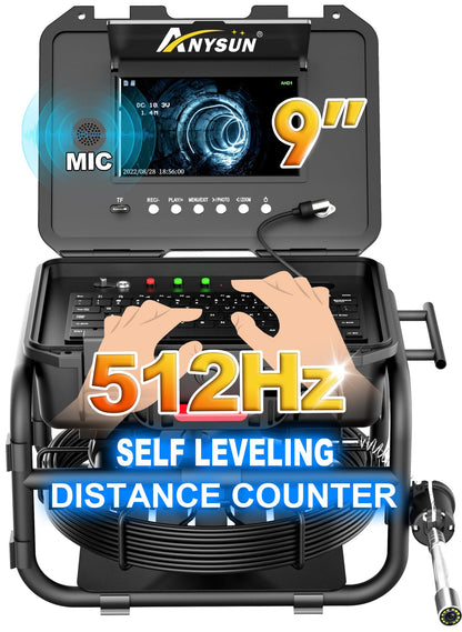 Anysun All-in-1 Sewer Camera - 512Hz, Distance Counter, Self-Leveling, 1-Touch Video/Audio, 165Ft Pipe Inspection Camera with 9" 1080P Screen, IP68 Industrial Borescope, 16GB