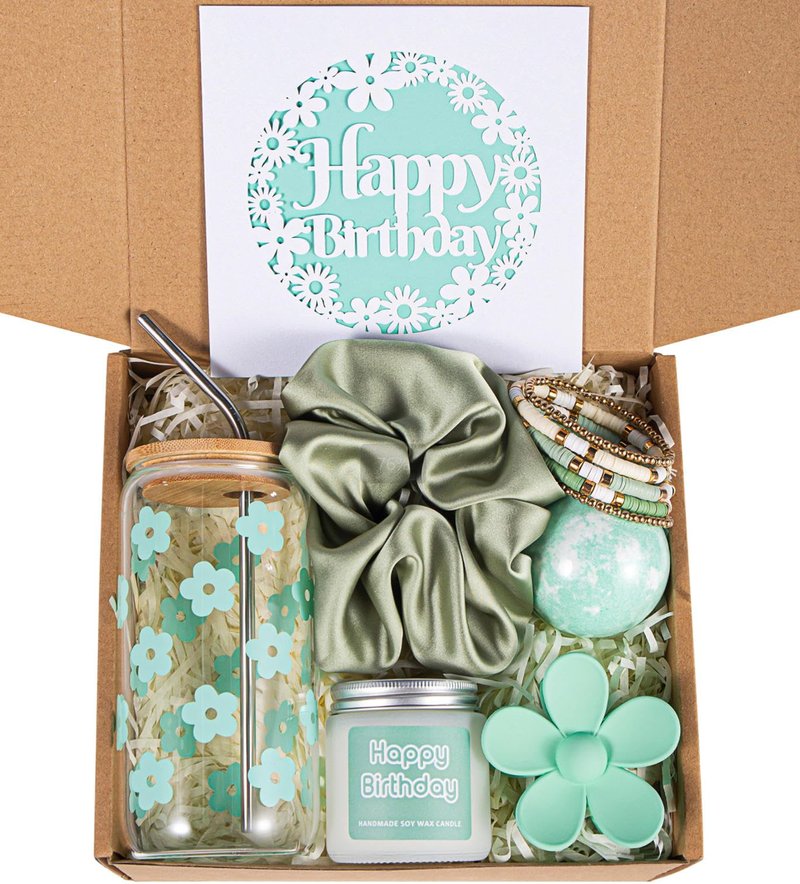 JTEWB Birthday Gifts For Women, Teen Girl, Her, Happy Birthday Gift Box For Girl, Women, Sister, Daughter, Friends, Cute Daisy Aesthetic Glass Cups Gift Set 7pcs (Mint green)