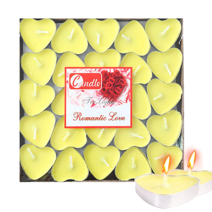 Heart Shaped Tealight Candles 50 Packs,25 * 2 Layers Romantic Love Unscented mokeless for Dinner Home Wedding (Yellow)
