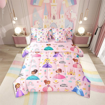 Erosebridal Kids Magical Princess 7 Piece Twin Comforter Set Bed in a Bag, Girly Cute Castle Microfiber Bedding for Sofa, Cartoon Rainbow Fitted Sheets Set for Kids Girls, Pink Princess Bed Set