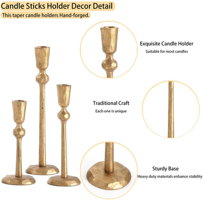 Wenbery Gold Taper Candle Holders Set of 3, Heavy Candlestick Holders Decorative Candle Stand for Table Centerpiece, Cast Iron Candle Stick Holder Decor