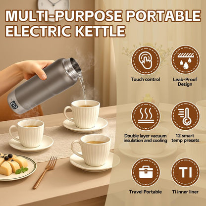 Pure Titanium Travel Kettle,Dual Voltage Portable Electric Kettle 110V-240V Smart Small Water Boiler for Tea & Coffee,12 Temperature Control,Auto Shut Off & Boil Dry Protection (Gray,520ML)