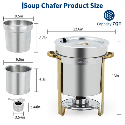 7QT Commercial Soup Warmer, 2 Pack Stainless Steel Round Soup Chafer with Pot, Notched Lids & Fuel Holders, Food Warmer for Buffets Parties Wedding Banquets Catering, Gold
