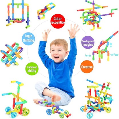 STEM Building Toys for Kids - 250 Pcs Tubular Pipe &amp Spout Interlocking Construction Set | Toddler Learning Toys Age 3-5 6-8 | DIY Tube Locks Blocks with Storage Box &amp Idea Book | Gift for Boy