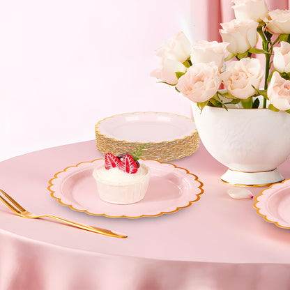 AimFun Pink Disposable Dessert Party Plates 7inch Gold Foil Scalloped Paper Plate for Valentines Day Bridal Baby Shower Wedding Tea Party Supplies