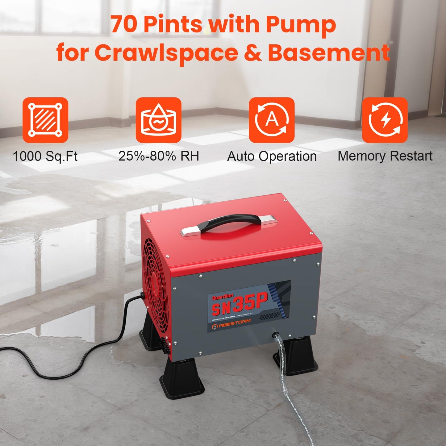 Abestorm 70 Pints Crawl Space Dehumidifiers with Pump, Compact Portable Commercial Dehumidifier Up to 1,000 sq. ft. Auto Defrost, Memory Starting Crawlspace Dehumidifiers