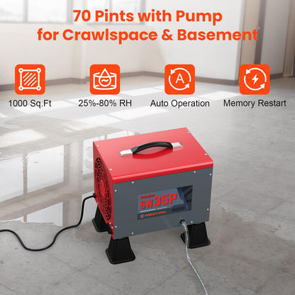 Abestorm 70 Pints Crawl Space Dehumidifiers with Pump, Compact Portable Commercial Dehumidifier Up to 1,000 sq. ft. Auto Defrost, Memory Starting Crawlspace Dehumidifiers