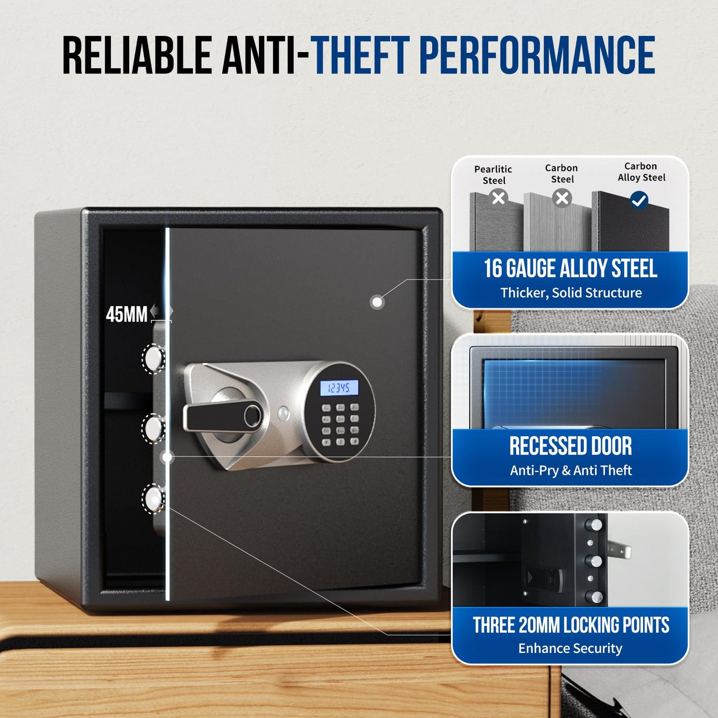 BlackSmith Biometric Safe Box 1.5 Cub Home Security Safe Fingerprint Recognition Money Safe with Keys Keypad Lock Box Secure Jewelry Valuables with Dual Alarm System Fireproof Bag, Black