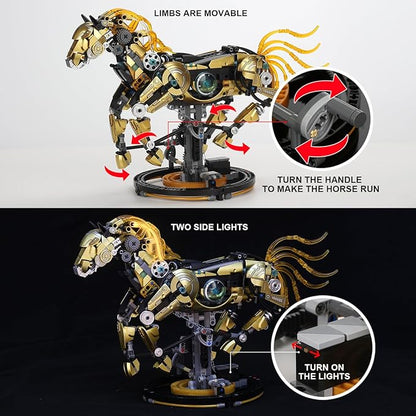 Mechanical Horse Building Blocks Linkage Kit Animal World Model with Lighting &amp Display Stand STEM Toy DIY Desktop Ornament for Boys Ages 12+ Adult Collectors Unique Birthday Gift Idea