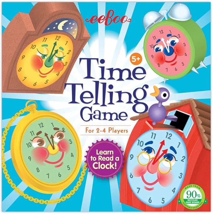 eeBoo Time Telling Game Develops Time Telling Skills Learn to Read a Clock Includes a Score Pad 4 Clocks and 50 Game Cards for 2 to 4 Players Perfect for Ages 5 and up
