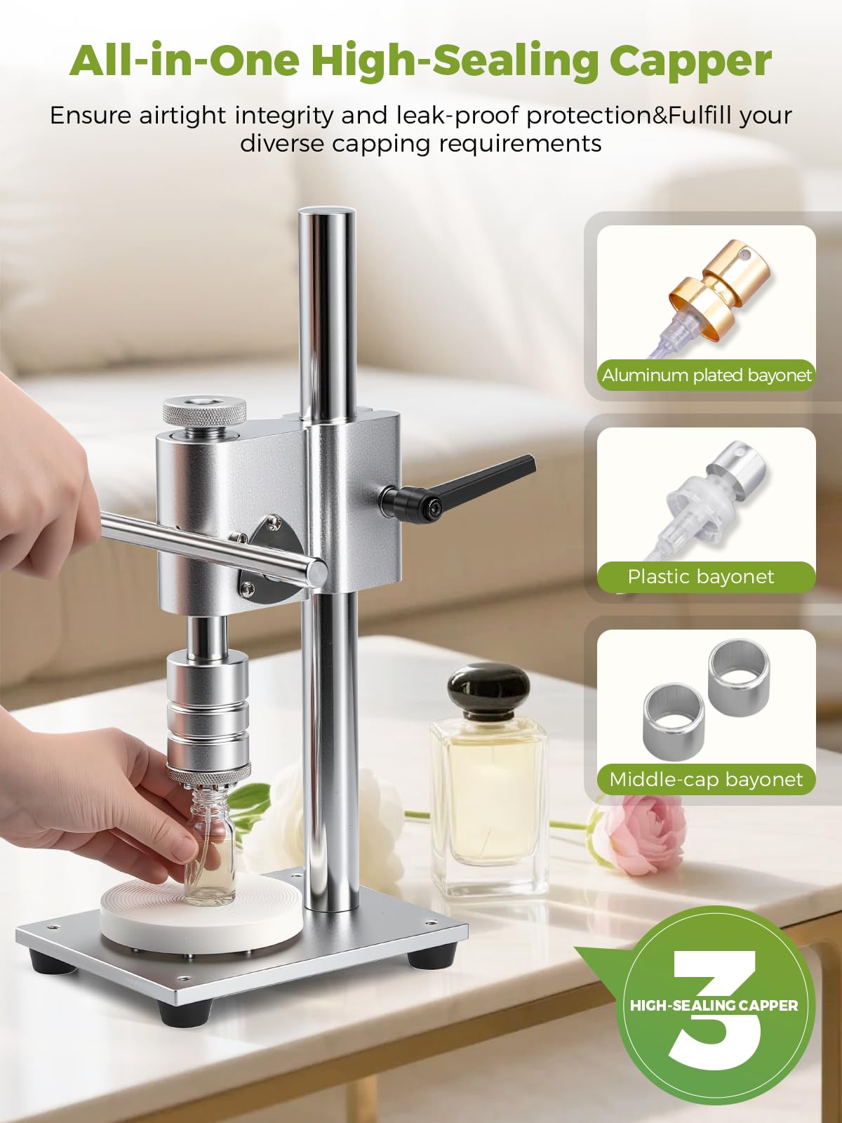 Flyseago Perfume Bottle Crimper Capper Height Adjustable Manual Desktop Perfume Bottle Crimping&Capping Machine for 15mm Bottle Caps for Sealing Vial Bottles, Sprayers