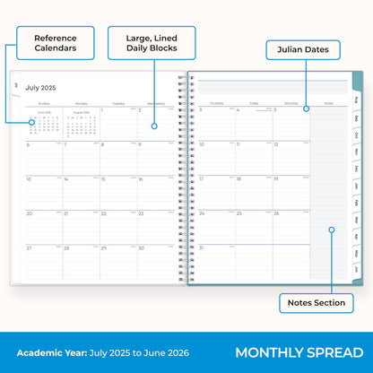 Blue Sky 2025-2026 Weekly and Monthly Academic Year Teacher Lesson Planner Calendar, July 2025 - June 2026, 8.5" x 11", Flexible Cover, Wirebound, Laminated Tabs, Storage Pocket, Dots