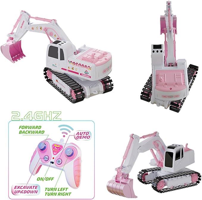 Pink RC Excavator 6 Channel 2.4Ghz RC Construction Vehicle1:24 Scale Pink Excavator Toy with 360° Rotation Light Sound and DIY Stickers Birthday Gift for Teens Adults (1 Battery)