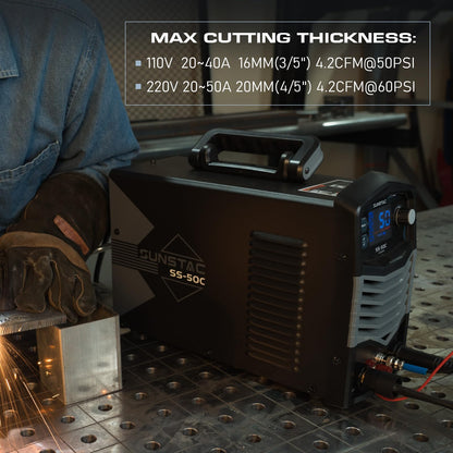 Sunstac Plasma Cutter, Non-Touch Pilot Arc 50Amps Non-High Frequency Plasma Cutting Machine with Large LCD Display 110/220V Dual Voltage IGBT Inverter 4/5 Inch Max Cut 2T/4T, for Beginners DIY